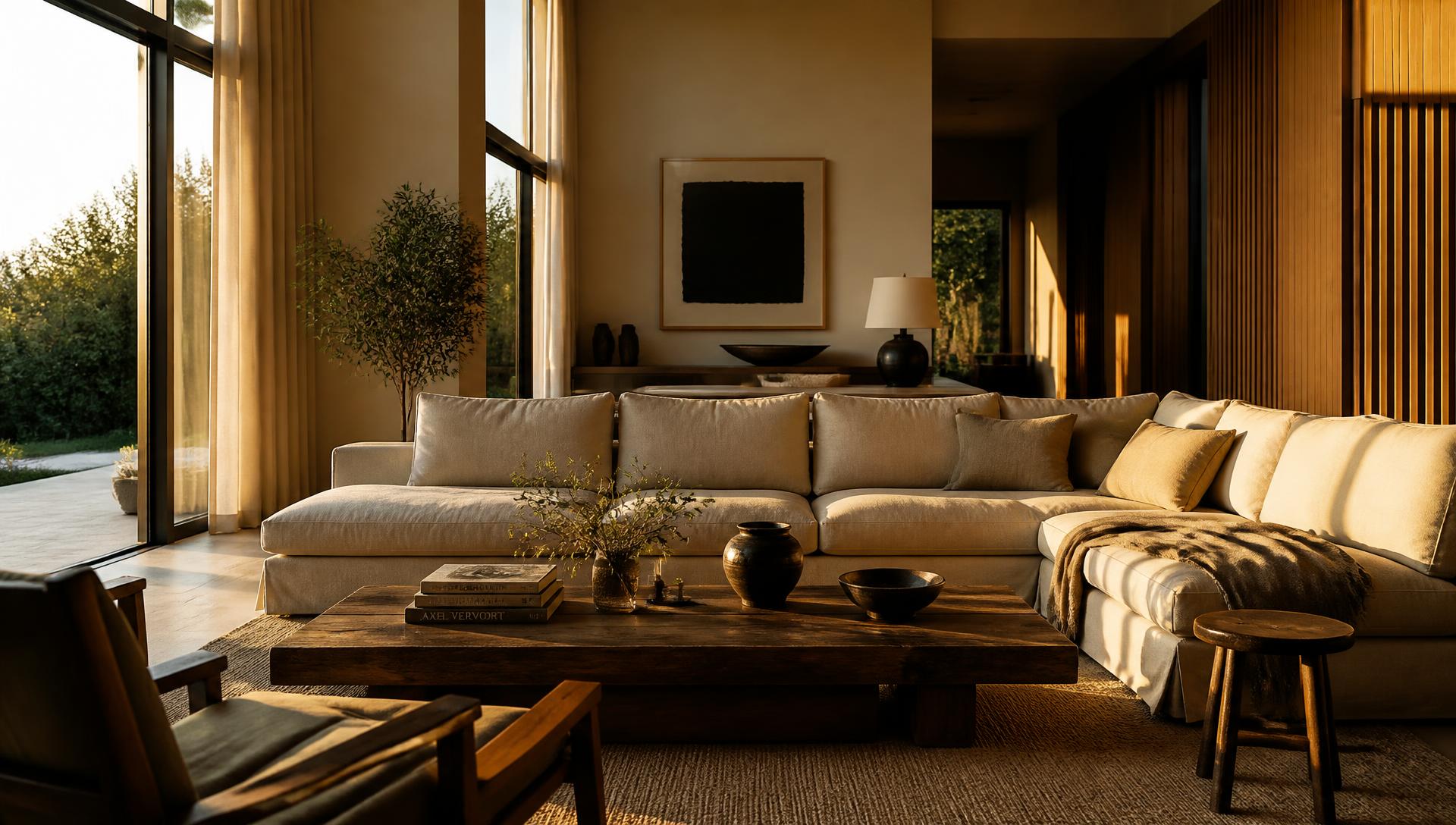 Golden hour light filling an elegant San Diego living room