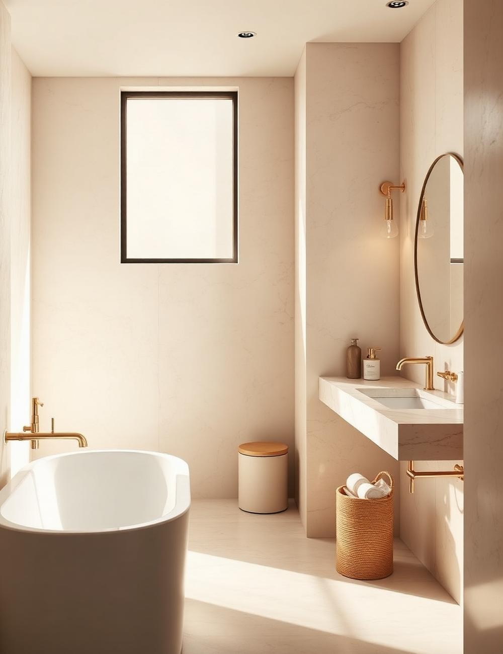 Limestone bathroom with brass fixtures and a freestanding tub