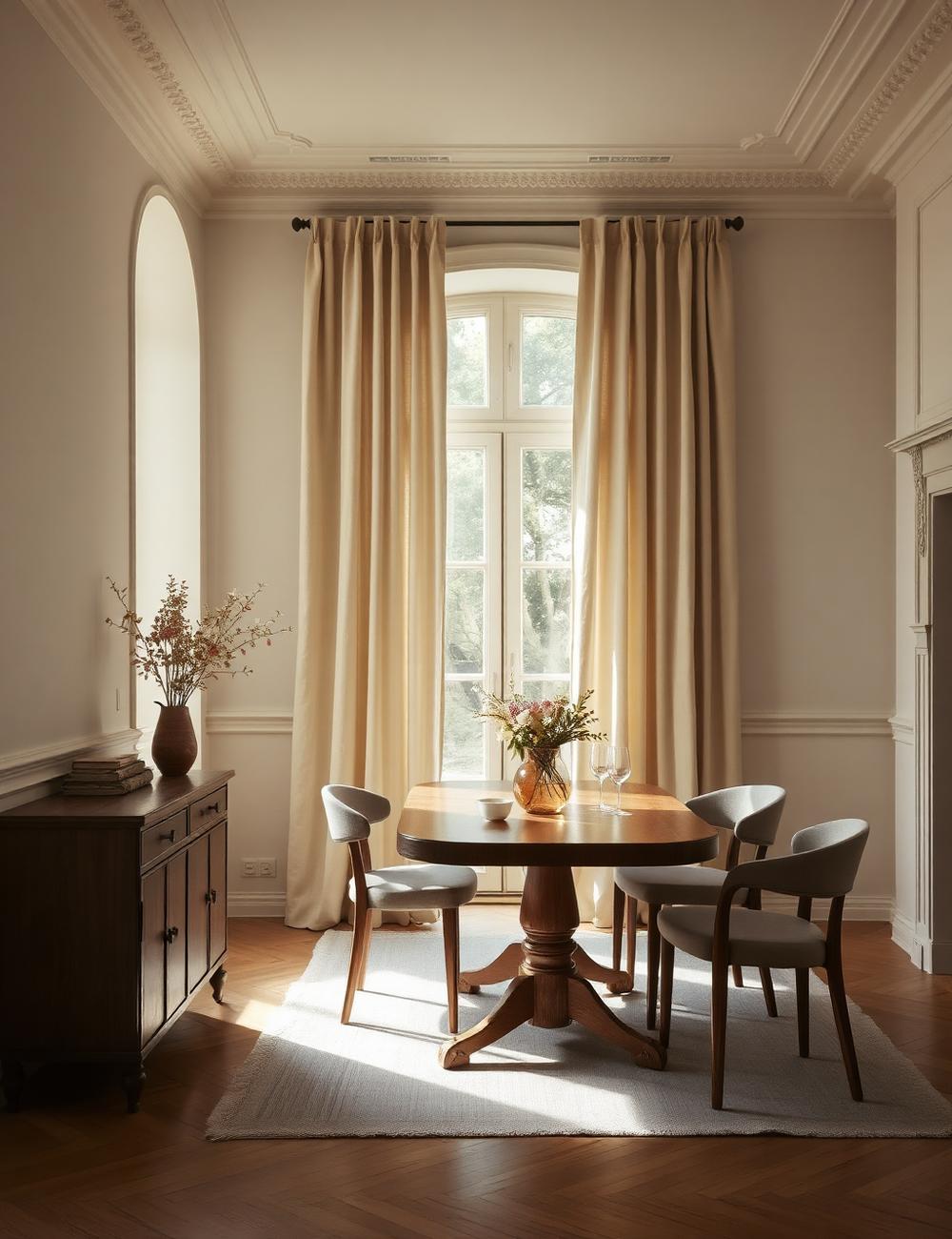 Dining room with linen curtains and warm oak table