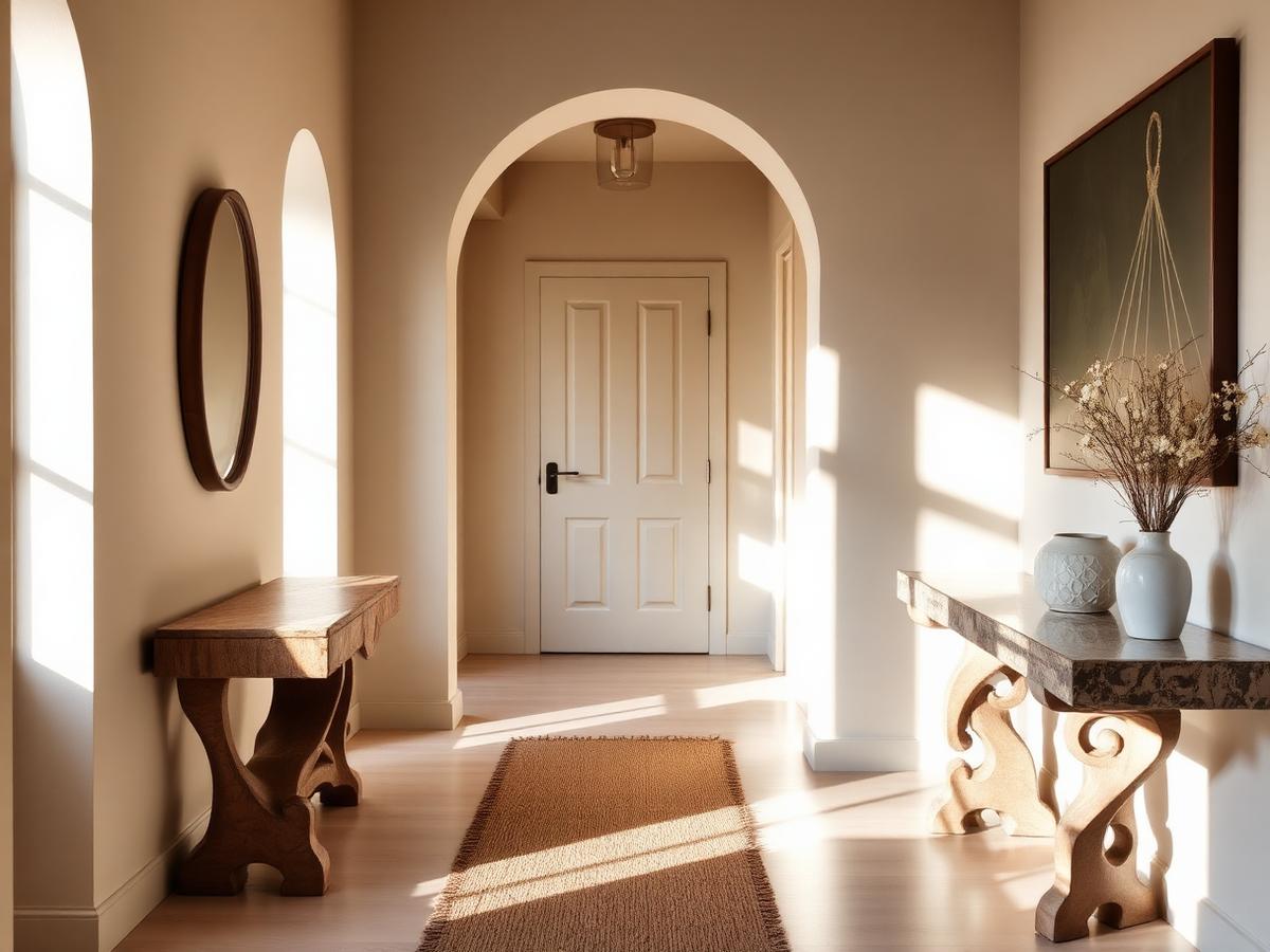 Arched entry hallway with woven runner and console table