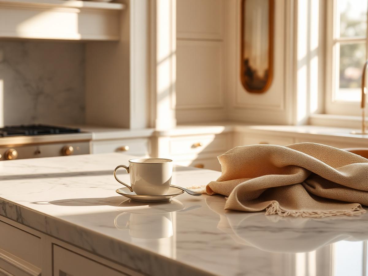 Morning light on a marble kitchen island with a coffee cup and linen