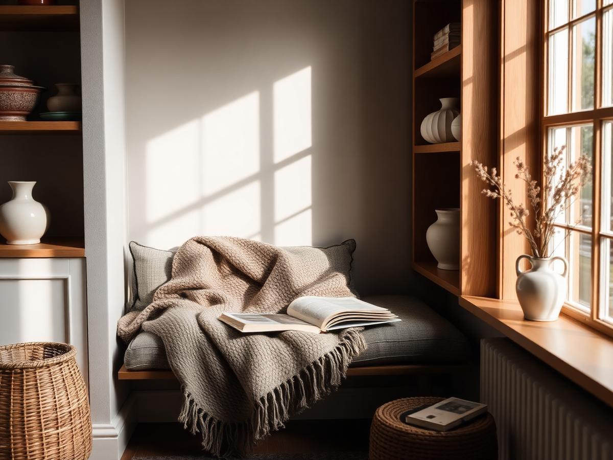 Reading nook with wool throw and warm wood shelving