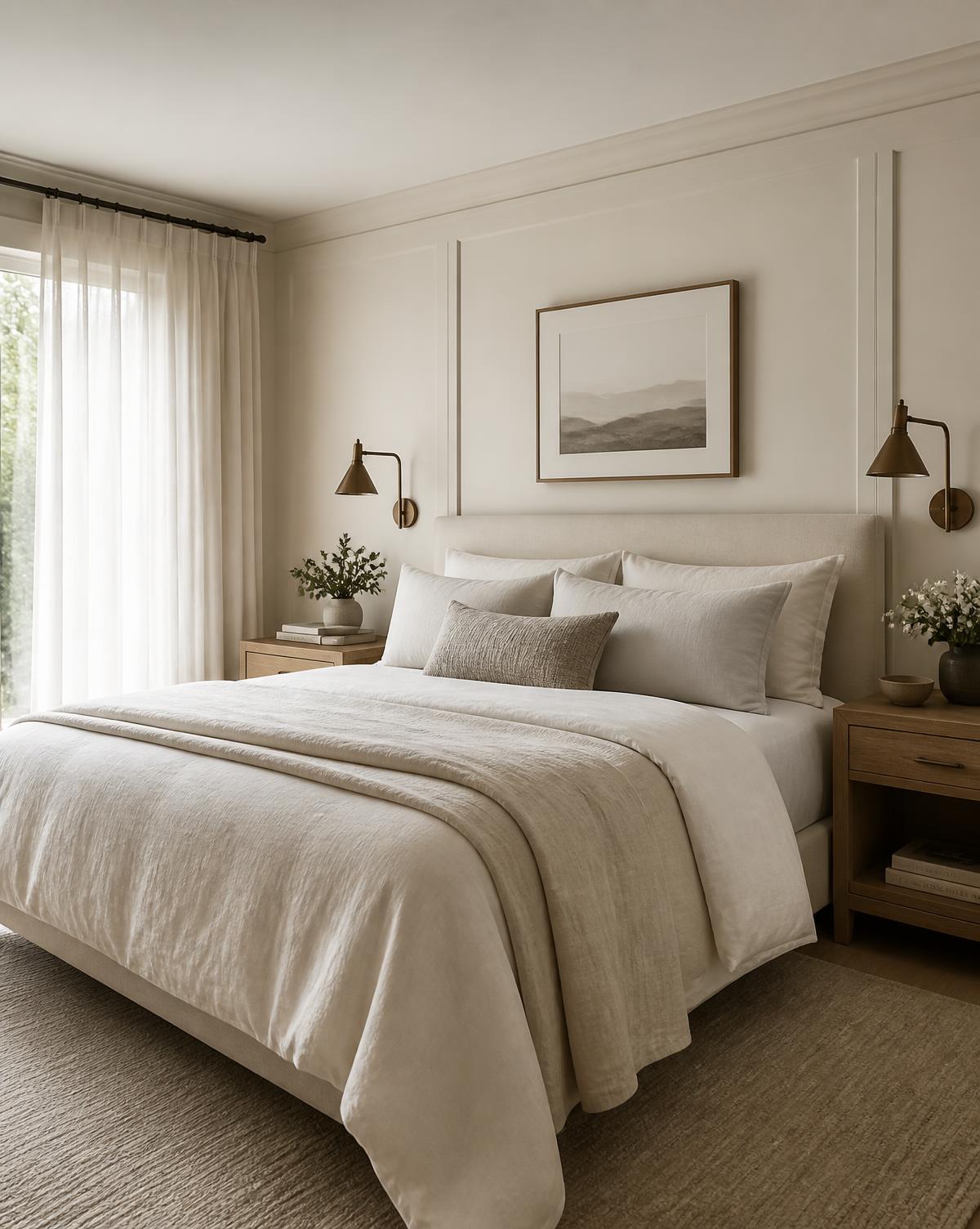 Primary bedroom in warm neutral tones with layered textiles